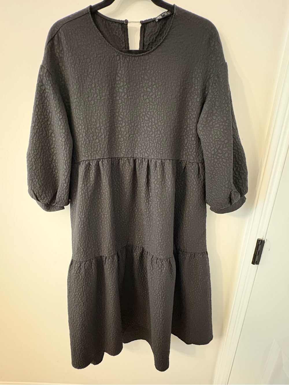 Zara Black Textured Tiered Dress with Puff Sleeves